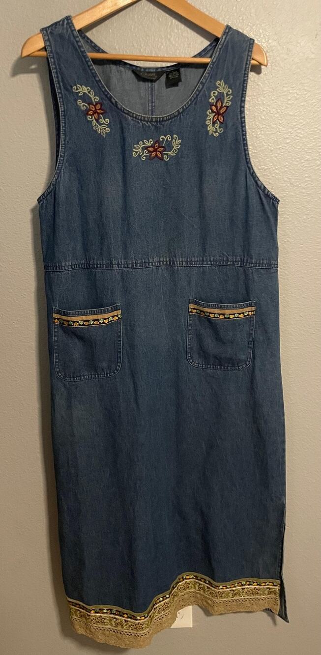 Agapo Collection Jumper Maxi Dress Women Large Blue Denim Floral Embroidered Y2K
